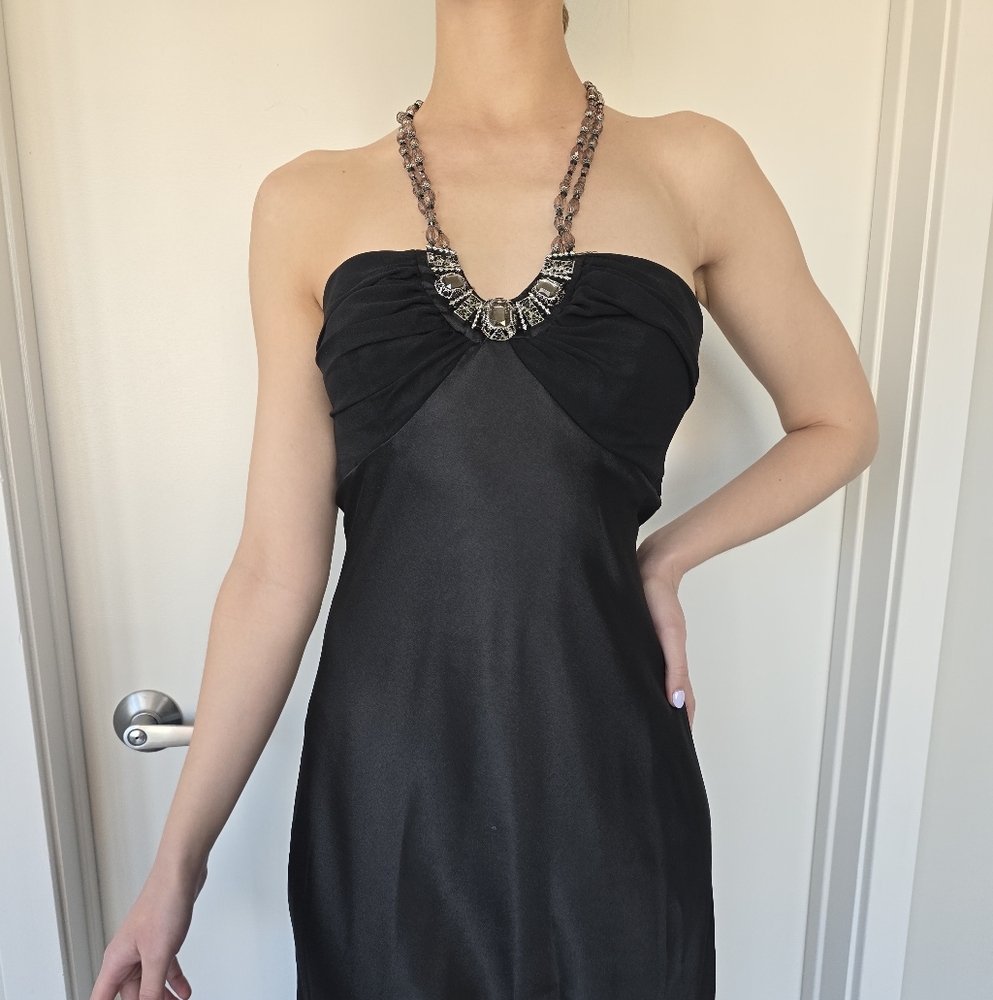 Elegant Black Strapless Dress with Jeweled Neckline